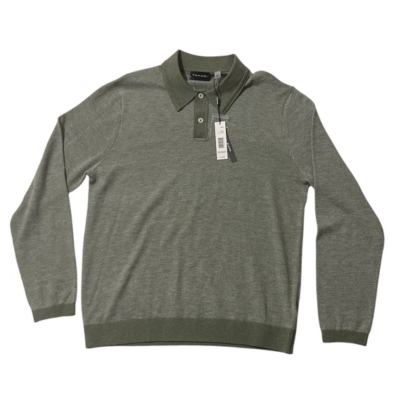 Tahari Men's Wool Blend Long Sleeve Knit Polo Shirt Sage Heather Medium Casual - Picture 2 of 10